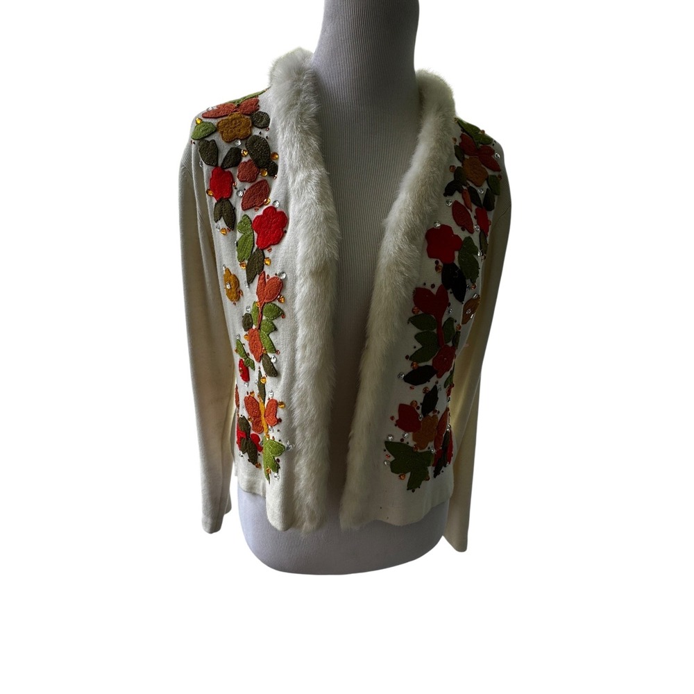 Fall Leaf Embellished Cardigan Jacket Faux Fur‎ Trim Appliqué Beaded Ivory M-L - Picture 2 of 16